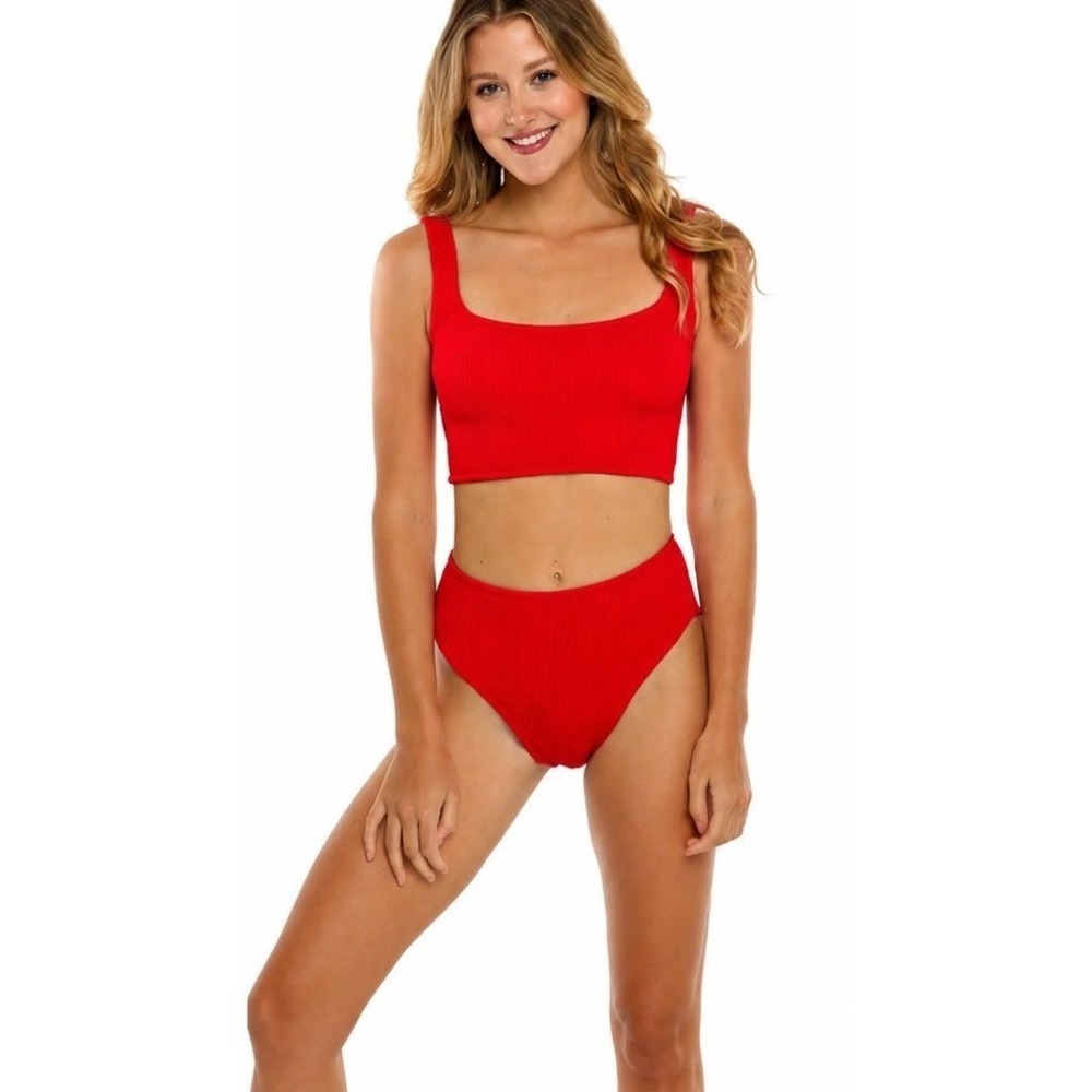 Andie Swim Siren Tank Top and High Waisted Cheeky Bottom Red Bikini Set S Sporty